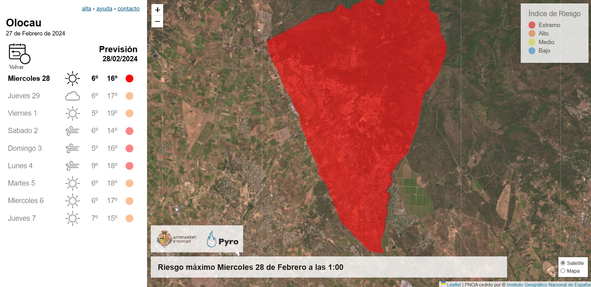 Previsión riesgo incendios miércoles 28 de febrero Olocau