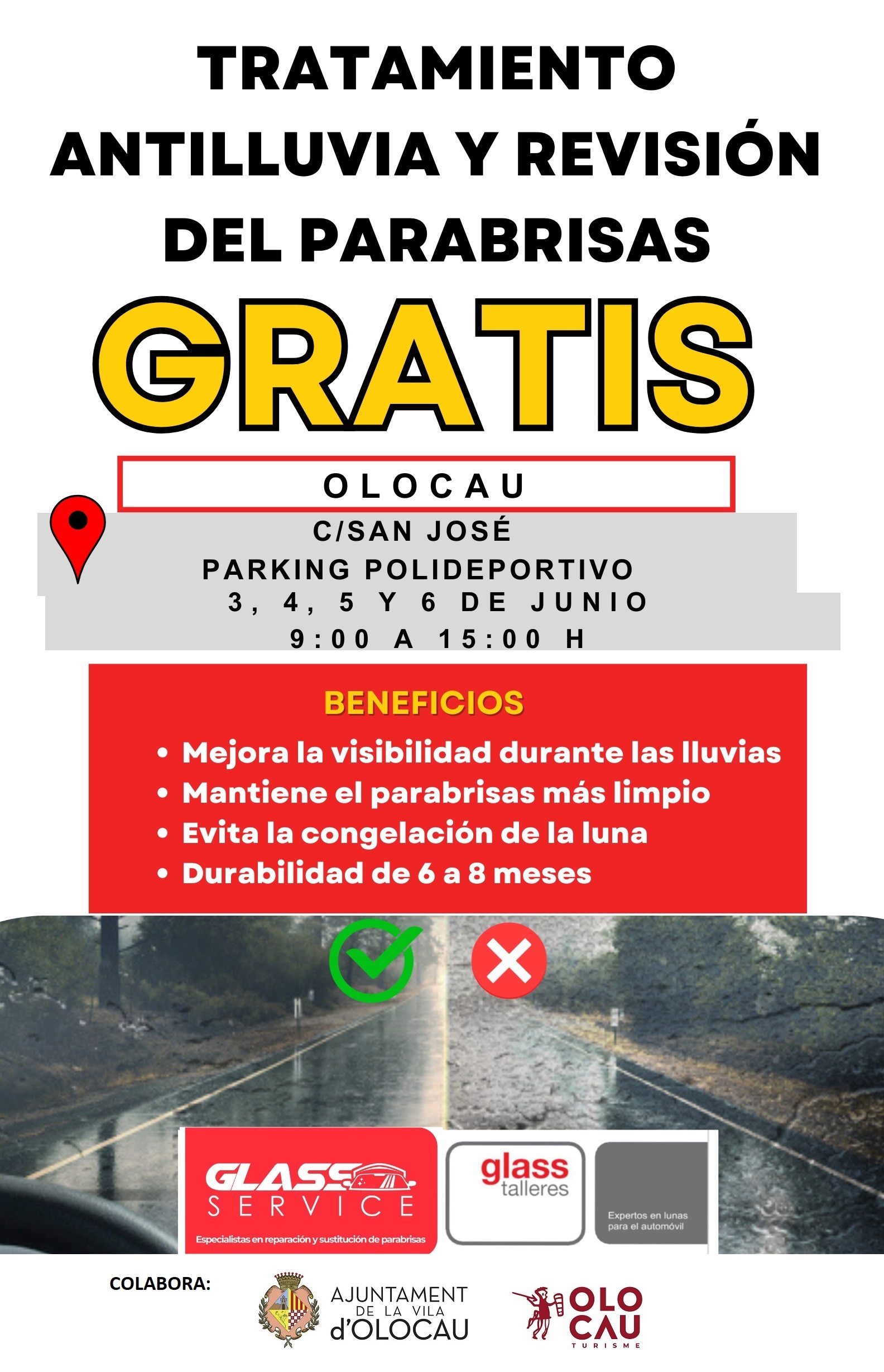 Campaña gratuita tratamiento antilluvia y revisión parabrisas Glass Service Olocau