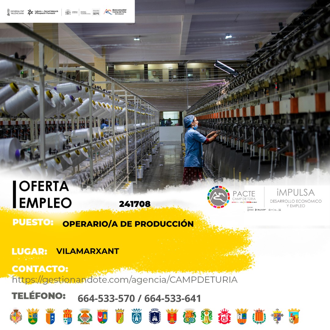Oferta de empleo - Operario-a de producci&oacute;n en Vilamarxant