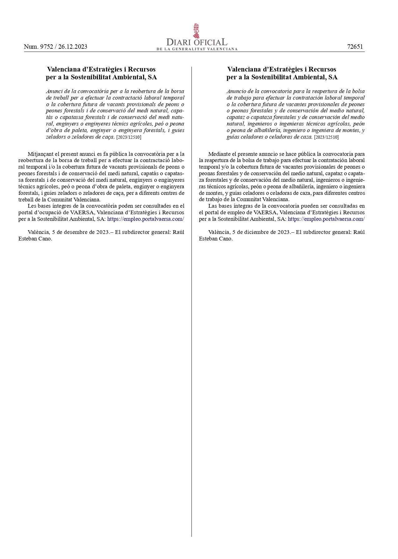 DOGV Bolsa de trabajo VAERSA