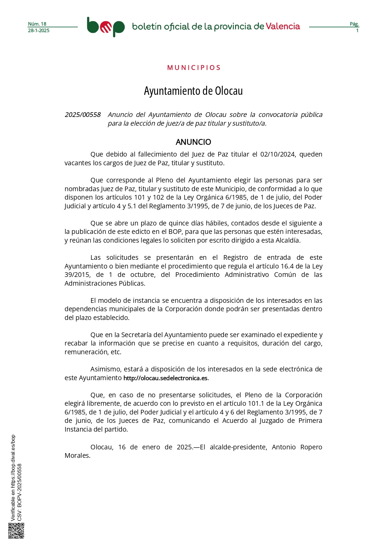 Anuncio convocatoria elecci&oacute;n de Juez-a de Paz titular y sustituto-a Olocau