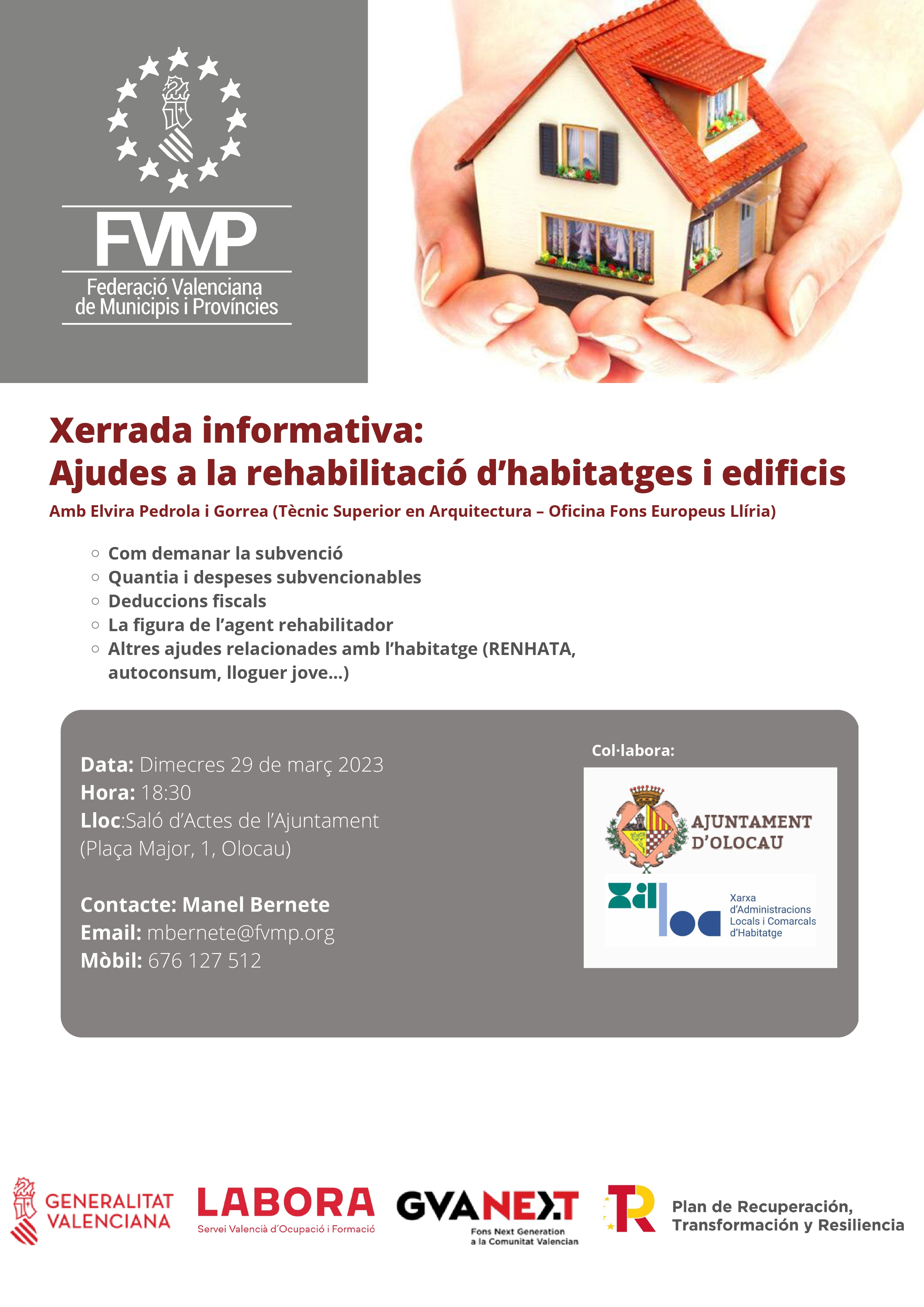 Cartel charla informativa &lsquo;Ayudas a la rehabilitaci&oacute;n de viviendas y edificios&rsquo; Olocau