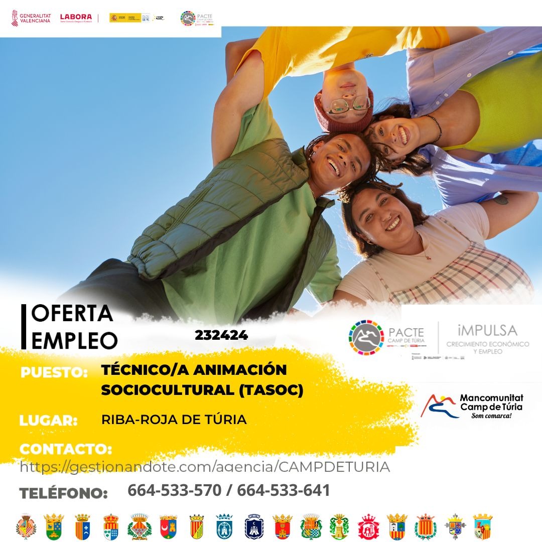 Oferta de empleo - T&eacute;cnico-a animaci&oacute;n sociocultural (TASOC) en Riba-roja de T&uacute;ria