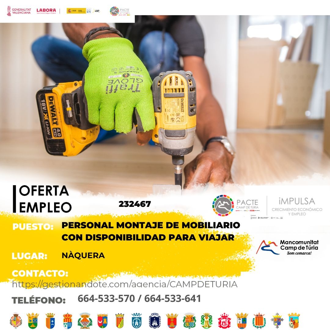 Oferta de empleo - Personal montaje de mobiliario con disponibilidad para viajar en N&agrave;quera