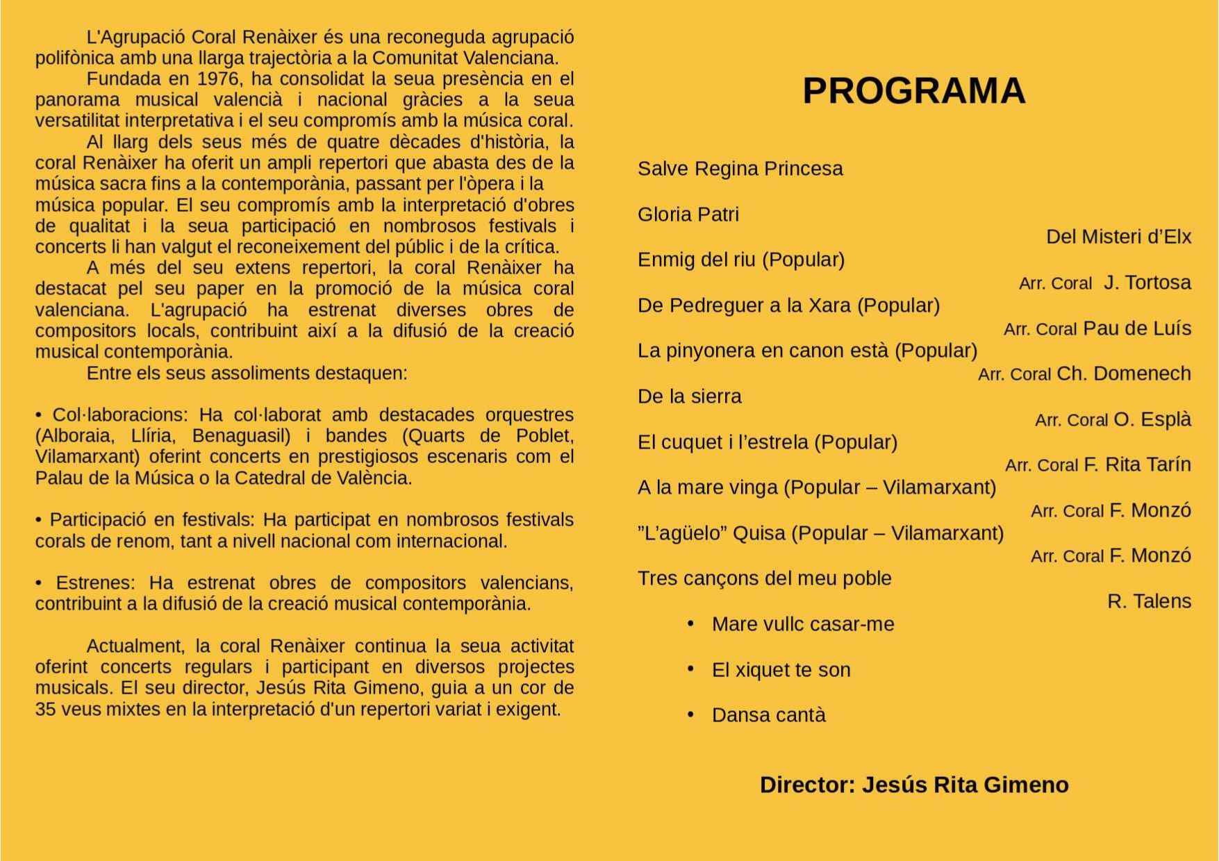 Programa concierto de la Agrupaci&oacute; Coral Ren&agrave;ixer de Vilamarxant Olocau