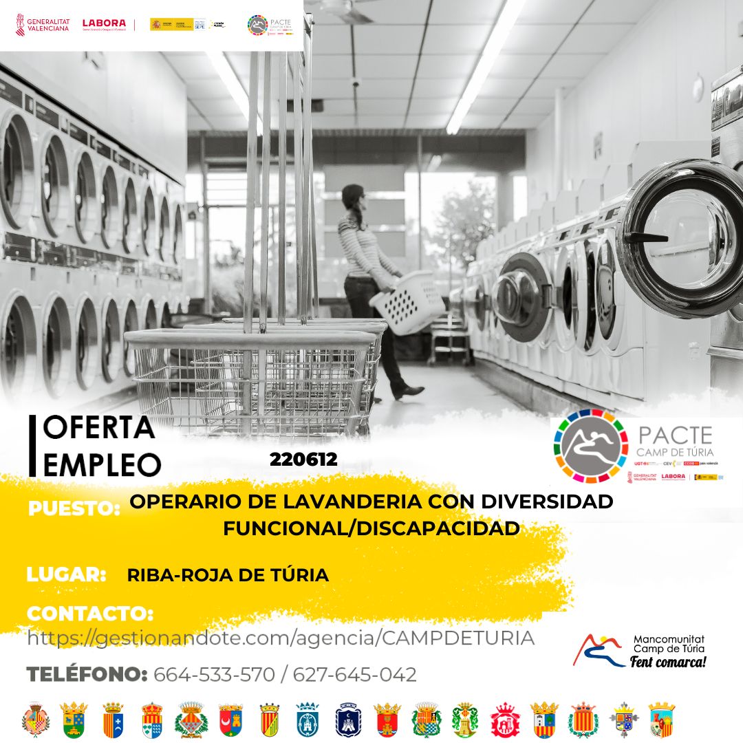 Oferta de empleo - Operario de lavander&iacute;a con diversidad funcional-discapacidad en Riba-roja de T&uacute;ria