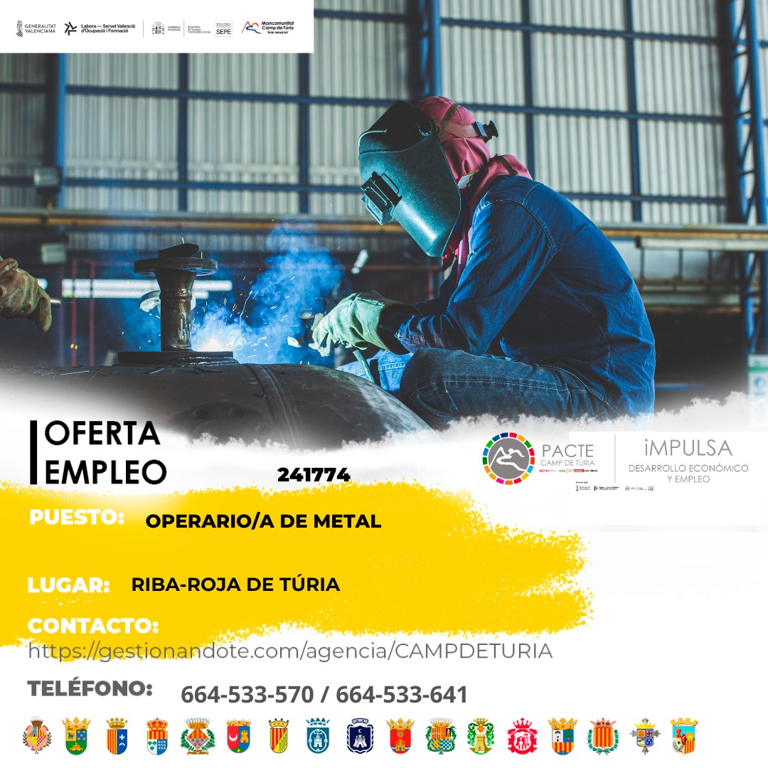 Oferta de empleo - Operario-a de metal en Riba-roja de Túria