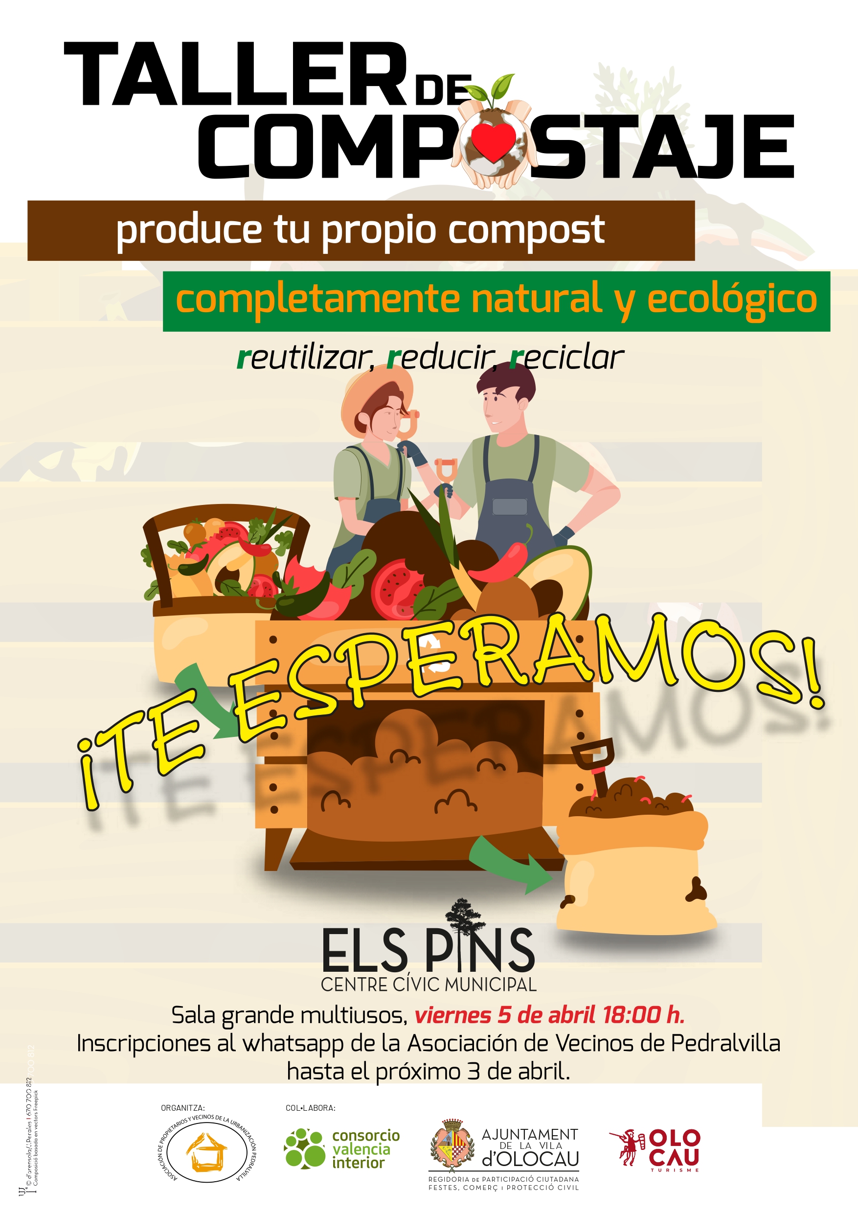 Cartel 5 de abril taller de compostaje Pascua Pedralvilla 2024 Olocau
