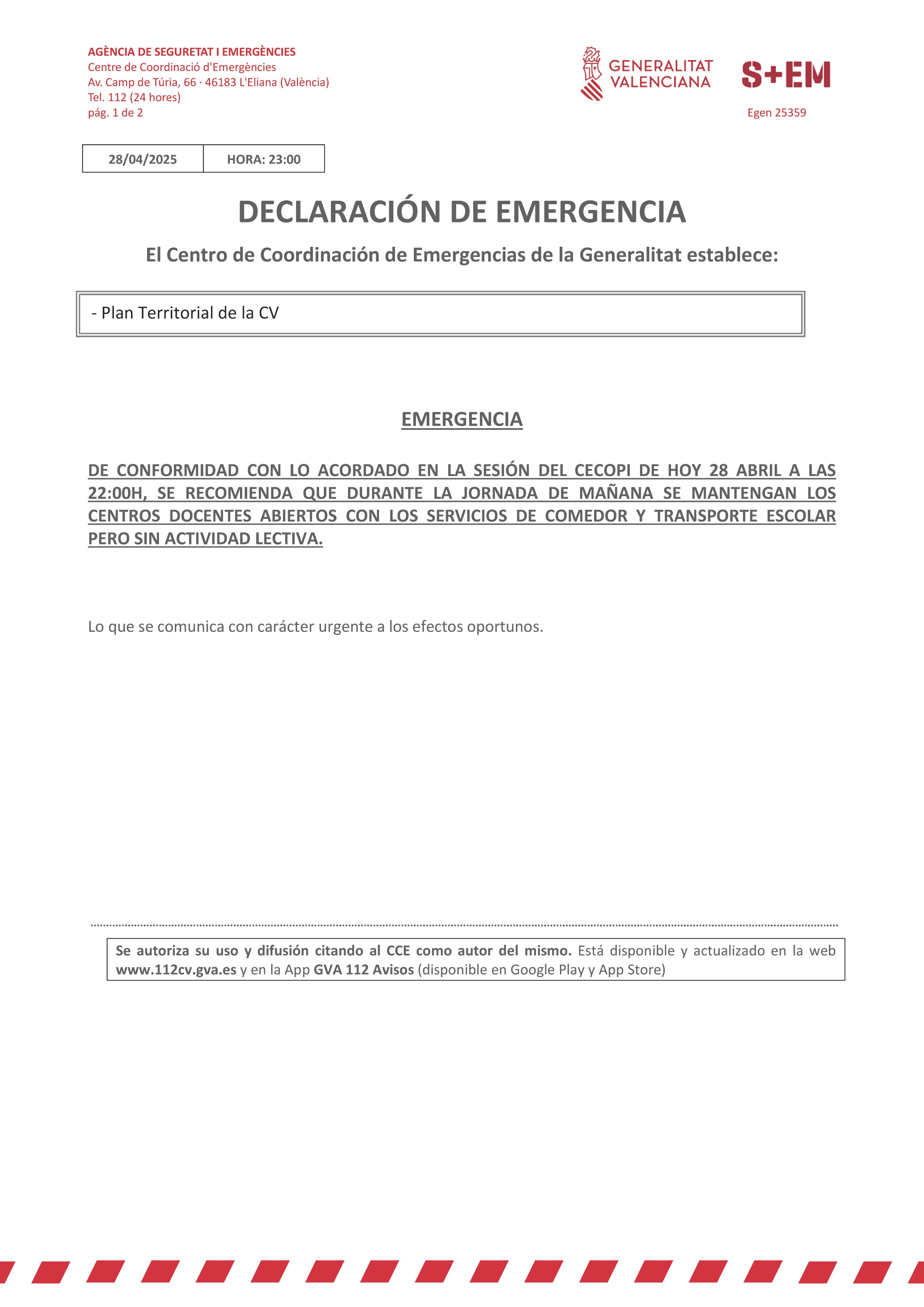 Información del Centro de Coordinación de Emergencias de la Generalitat referente a la apertura de centros docentes en la jornada de mañana