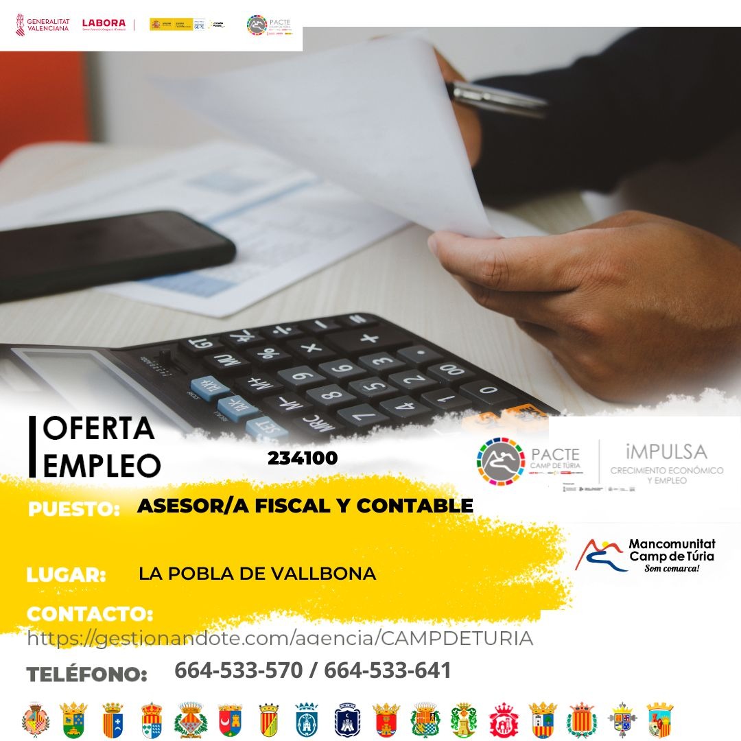 Oferta de empleo - Asesor-a fiscal y contable en la Pobla de Vallbona