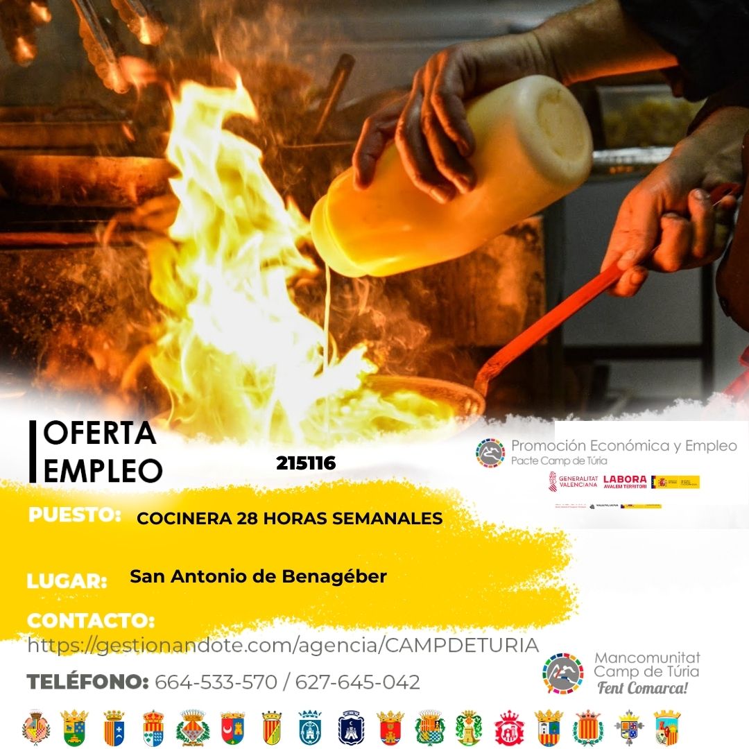 Oferta de empleo - Cocinera 28 horas semanales en San Antonio de Benag&eacute;ber