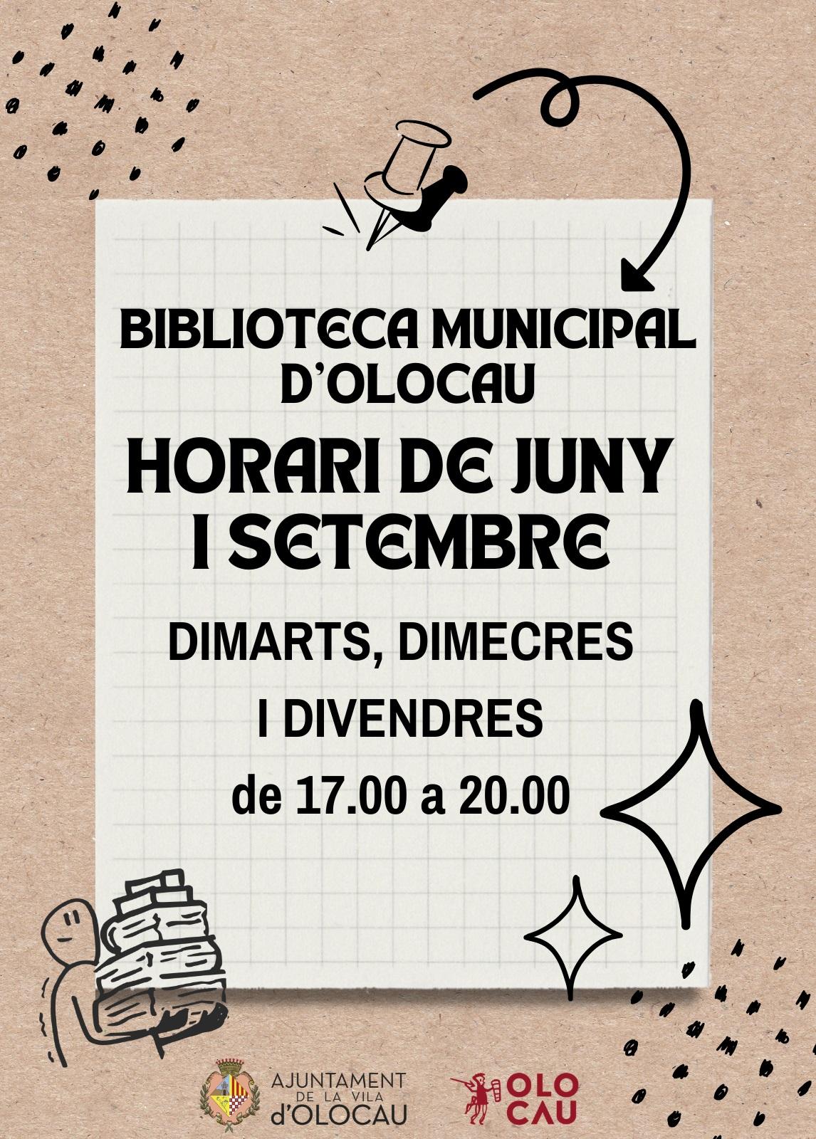 Cartell horari juny i setembre Biblioteca Olocau