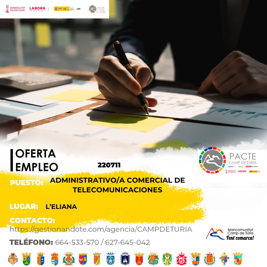 Oferta de empleo - Administrativo-a comercial de telecomunicaciones en l'Eliana