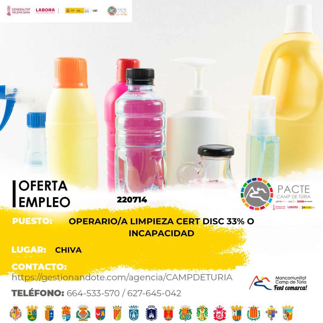 Oferta de empleo - Operario-a limpieza certificado discapacidad 33% o incapacidad en Chiva