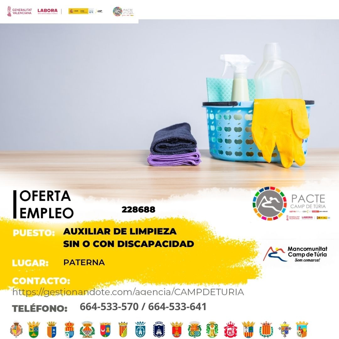 Oferta de empleo - Auxiliar de limpieza sin o con discapacidad en Paterna