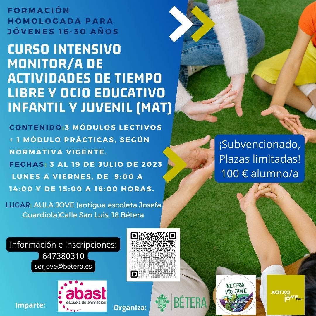 Cartel Curso intensivo de monitor de actividades de tiempo libre y ocio educativo infantil y juvenil B&eacute;tera