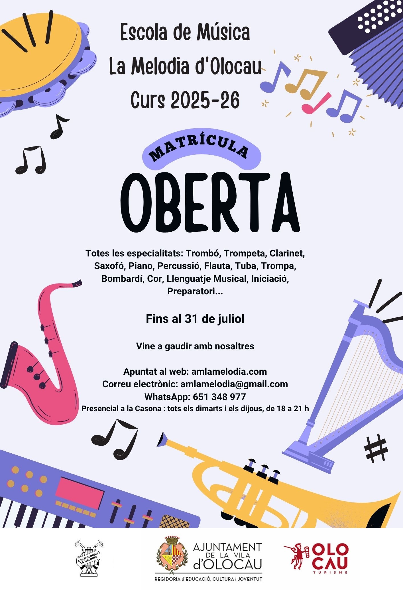 Cartel matriculaci&oacute;n Escuela de M&uacute;sica La Melodia Olocau