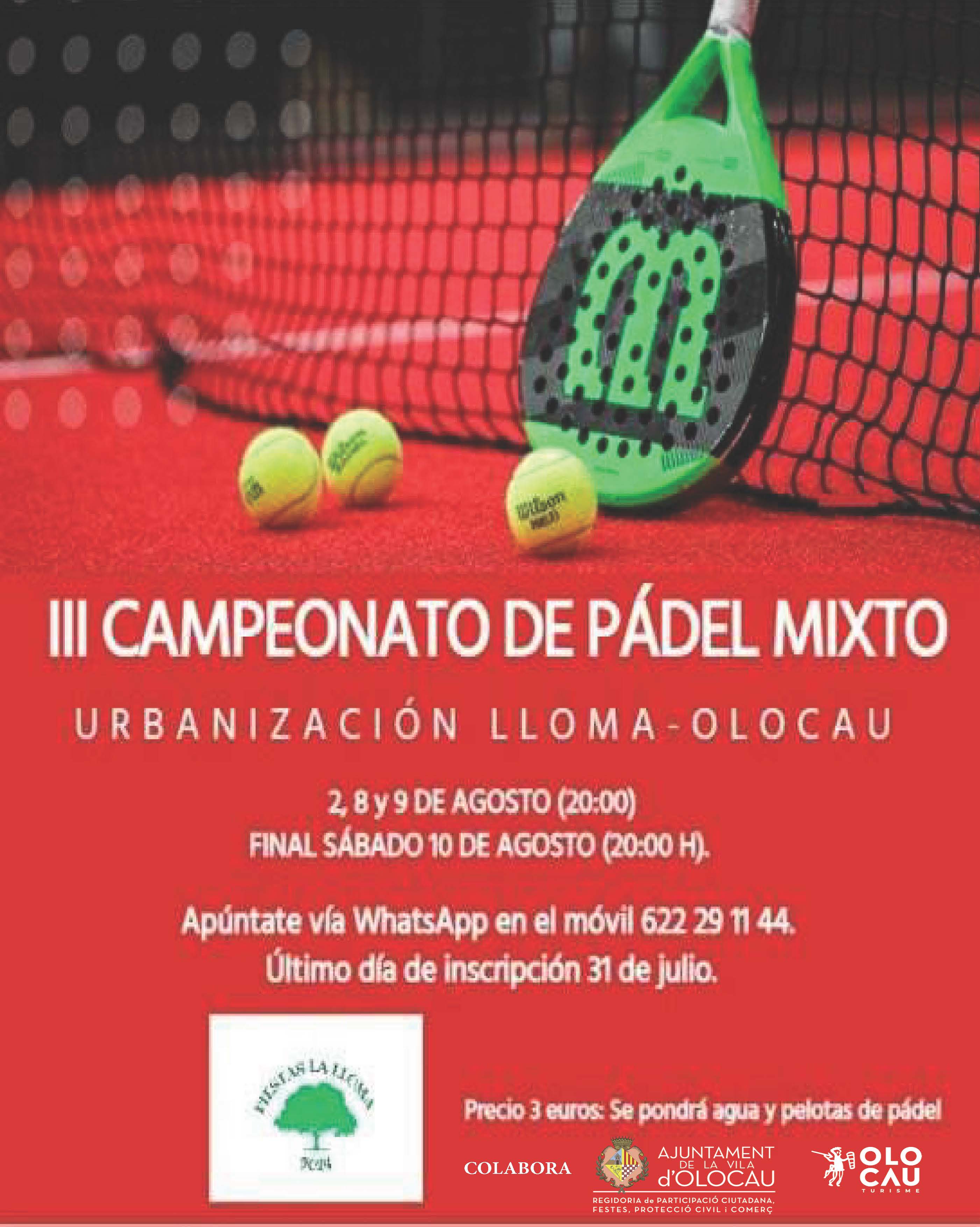 Cartel III Campeonato de p&aacute;del mixto La Lloma Olocau