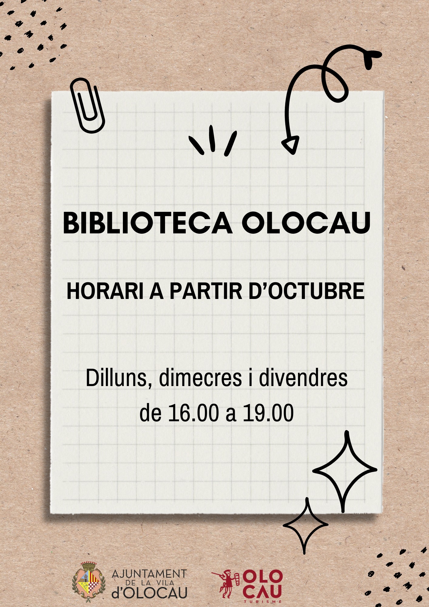 Cartel horario Biblioteca Municipal Olocau 2024