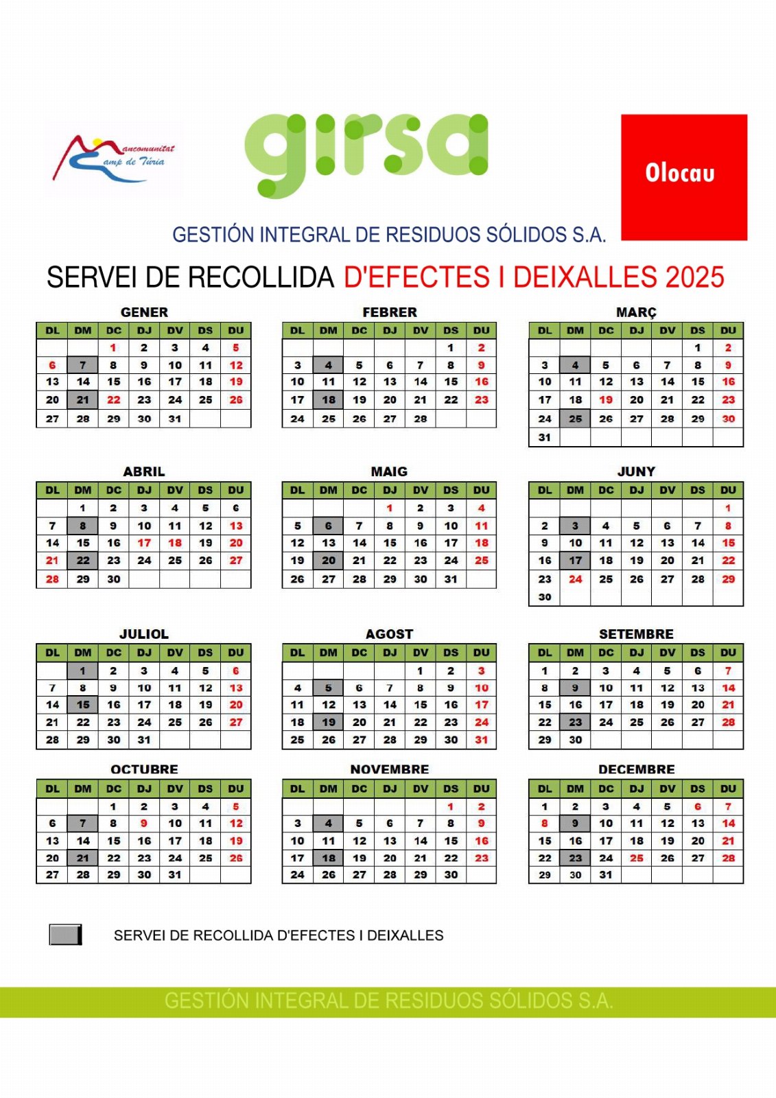 Calendario recogida voluminosos 2025 Olocau