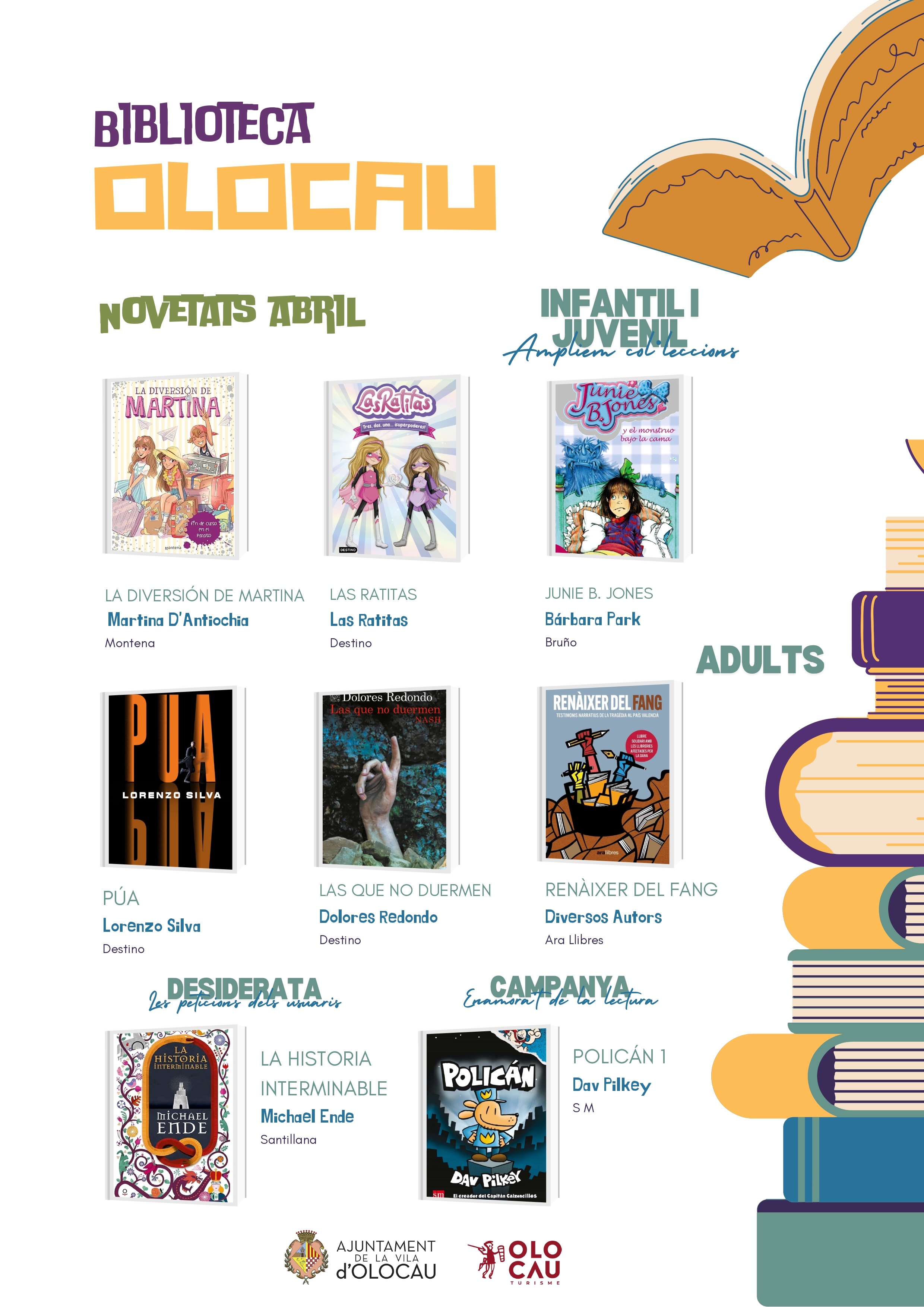 Cartel novedades abril 2025 Biblioteca Olocau