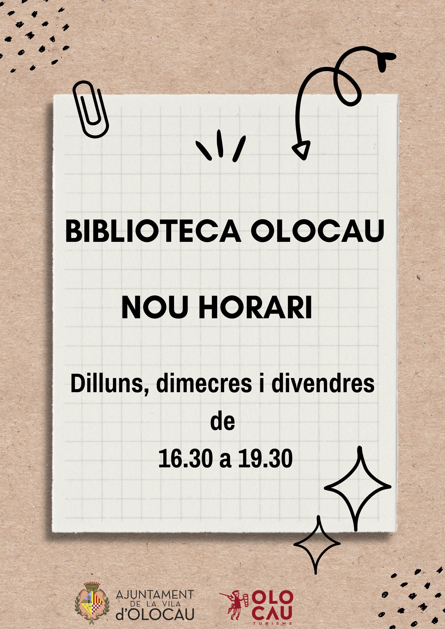 Cartel nuevo horario Biblioteca Olocau