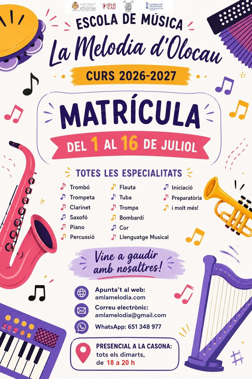 Matriculació en l'Escola de Música de ‘La Melodia’ per al curs 2026-2027