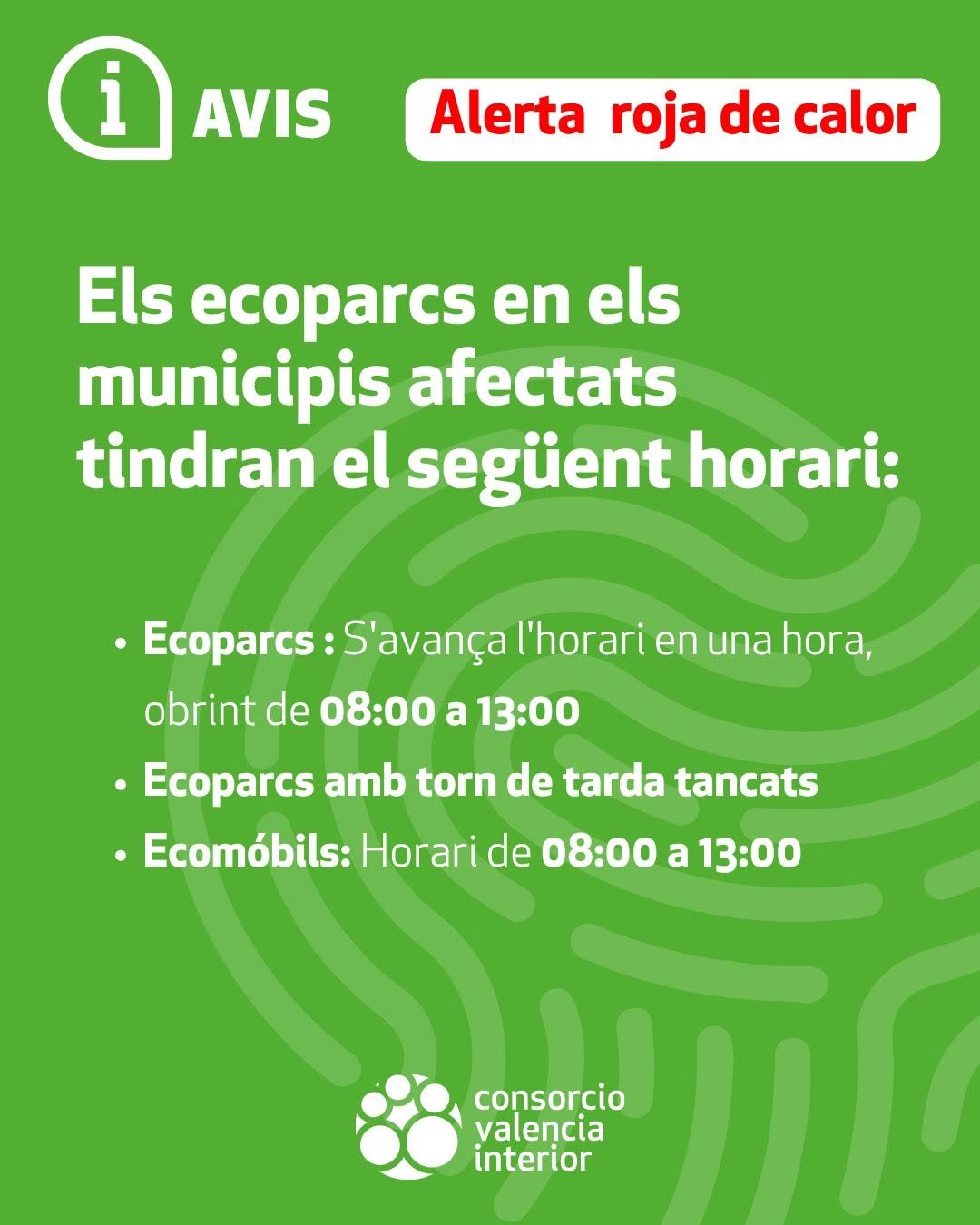 Avís del Consorci València Interior respecte a l'alerta roja per altes temperatures