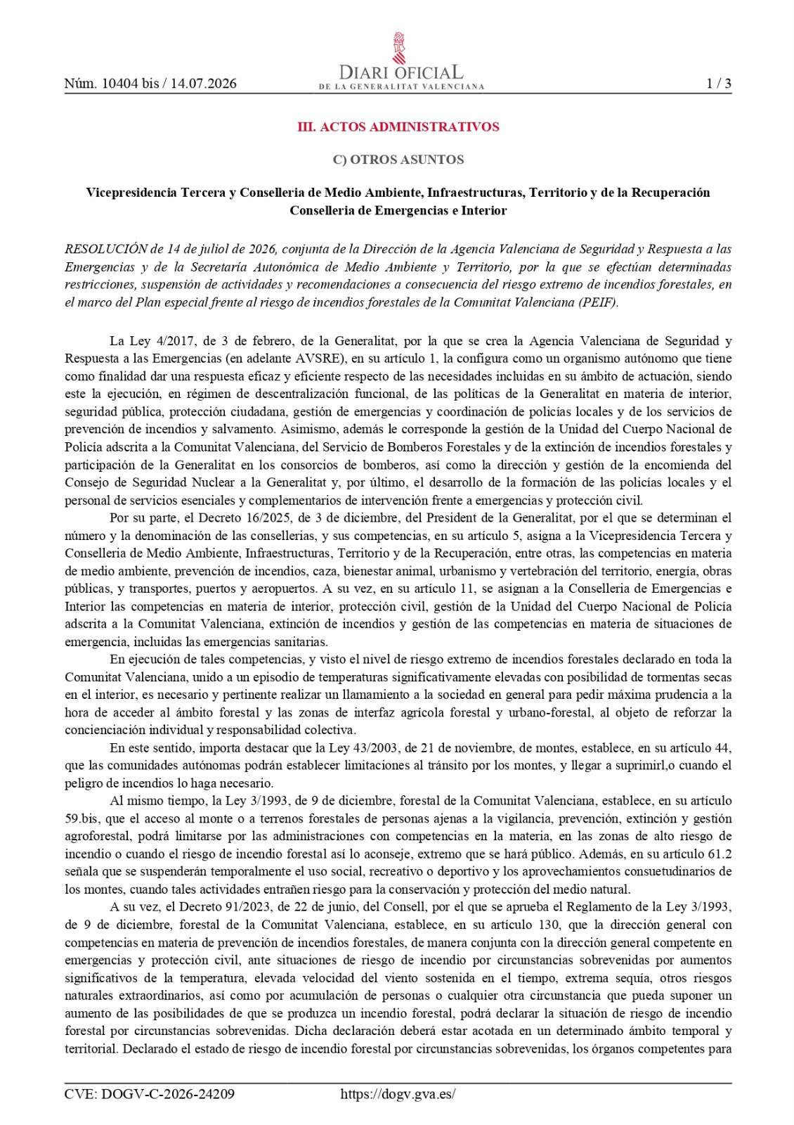 Resolució de l'Agència Valenciana de Seguretat i Resposta a les Emergències i de la Secretaria Autonòmica de Medi Ambient i Territori