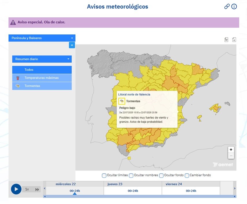 Avisos de l'Agència Estatal de Meteorologia per tempestes i per temperatures màximes