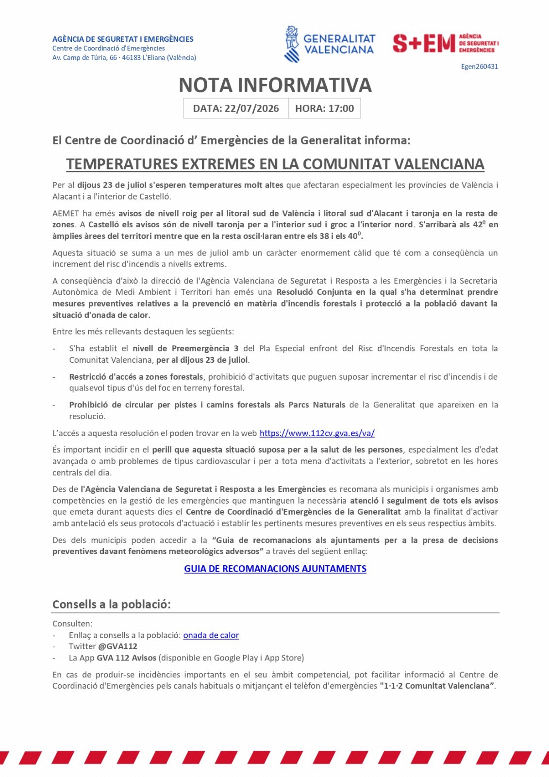 Avisos del Centre de Coordinació d'Emergències de la Generalitat davant l'episodi d'onada de calor