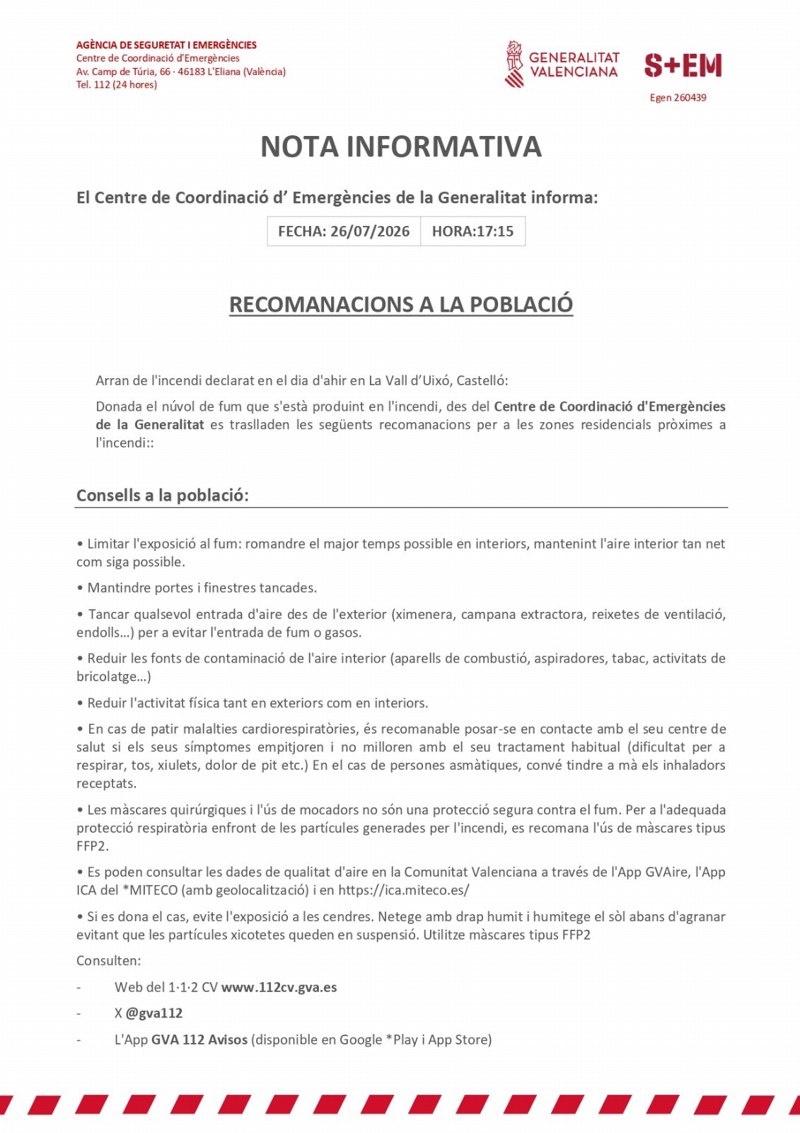 Informació de l'Ajuntament sobre els avisos rebuts per fum i per olor a cremat a en diversos punts del terme municipal