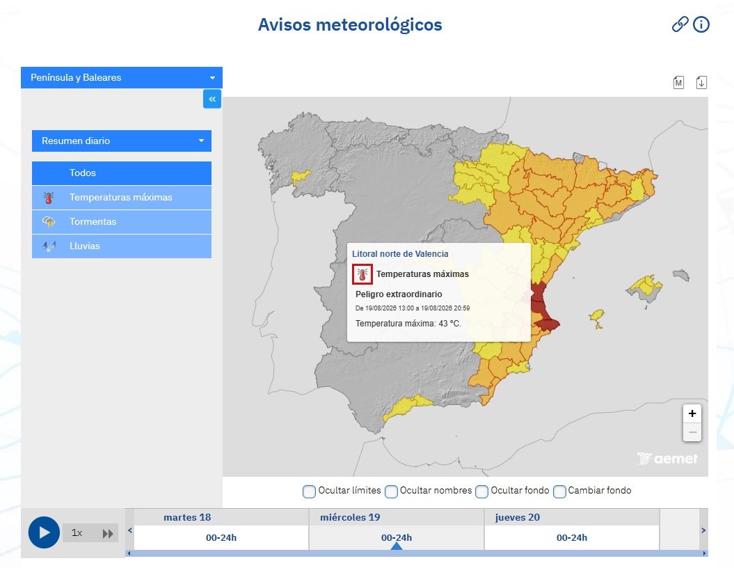 Actualització de l'avís de l'AEMET per altes temperatures per a demà