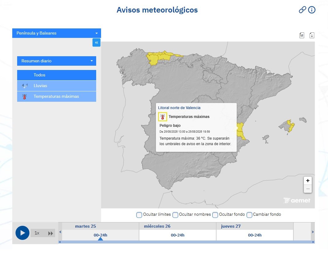 Avisos de la AEMET y del Centro de Coordinación de Emergencias de la Generalitat