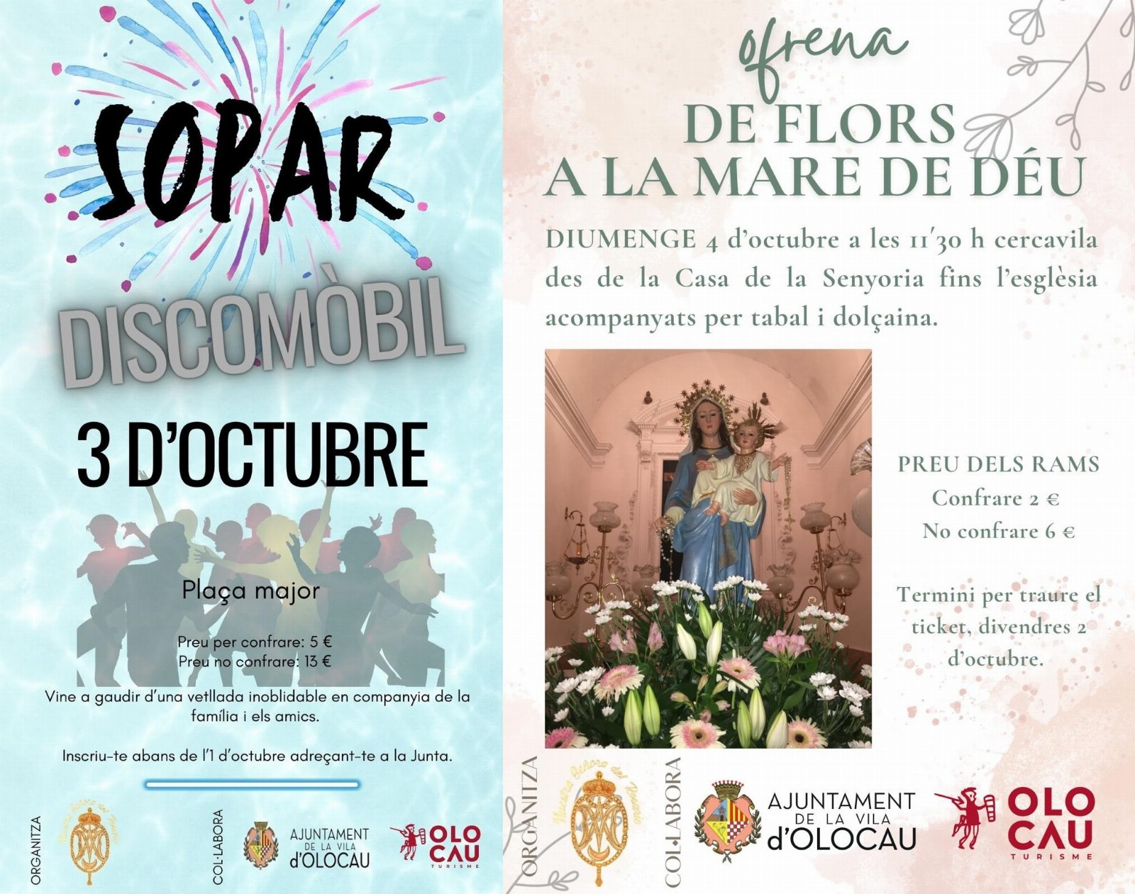 Recordatori del sopar i la discomòbil organitzats per la Confraria de Nostra Senyora del Rosari i de l'Ofrena de Flors a la Mare de Déu