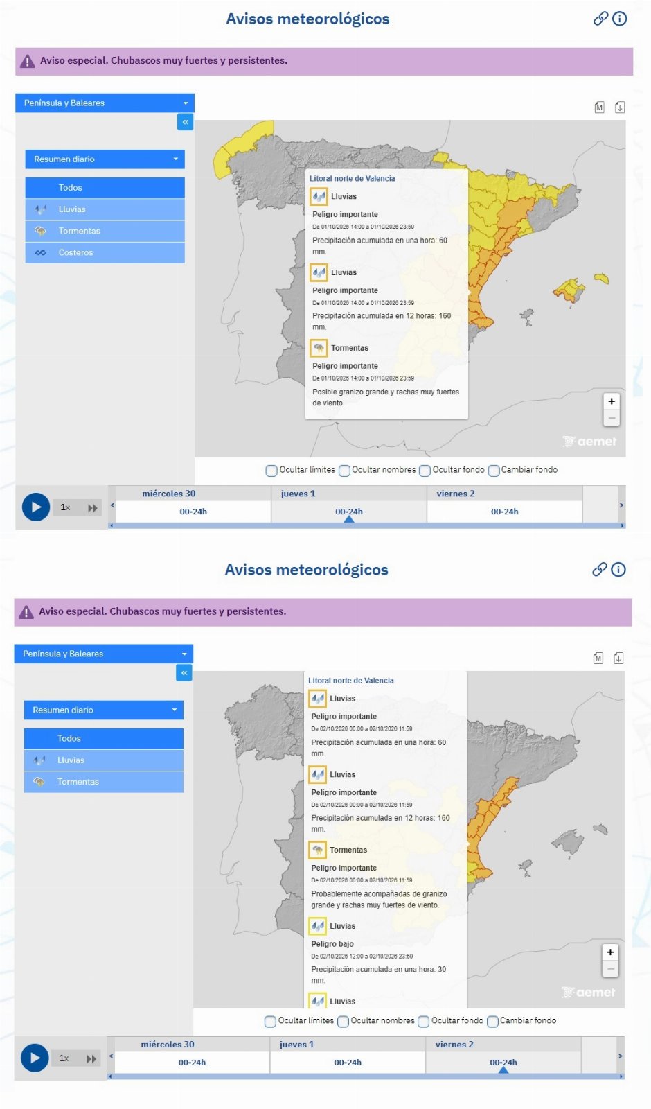 Actualització - Avisos de l'AEMET per pluges i tempestes