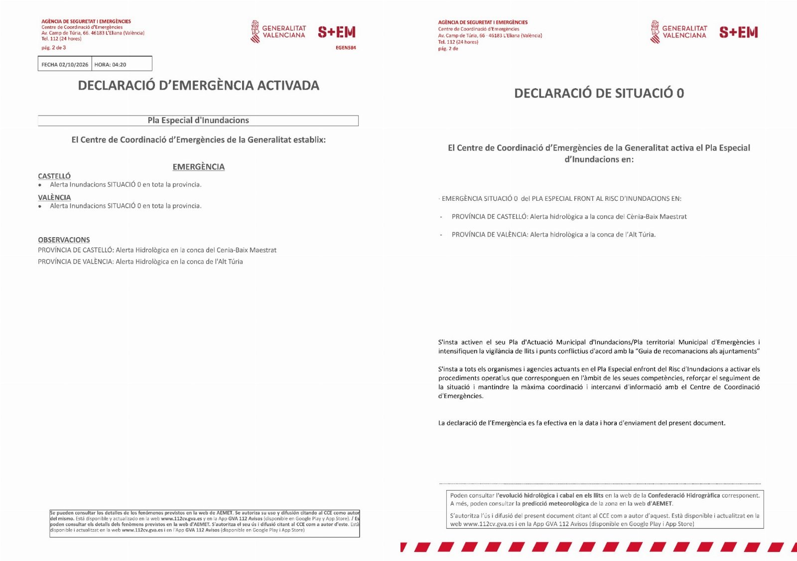 Avís del Centre de Coordinació d'Emergències de la Generalitat