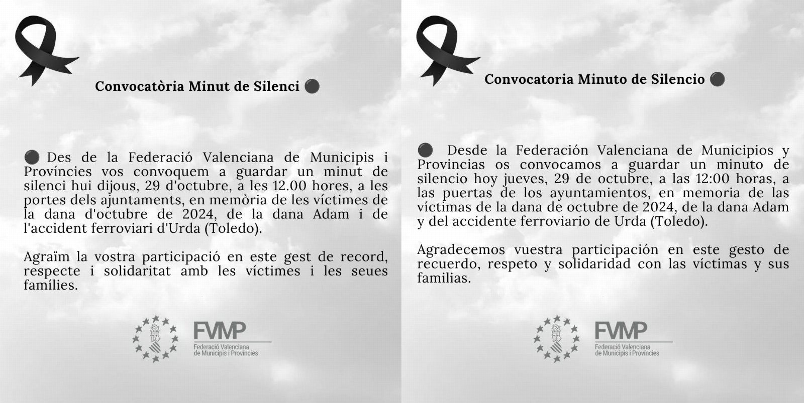 Minut de silenci en memòria de les víctimes de la dana d'octubre de 2024, de la dana Adam i de l'accident ferroviari d'Urda