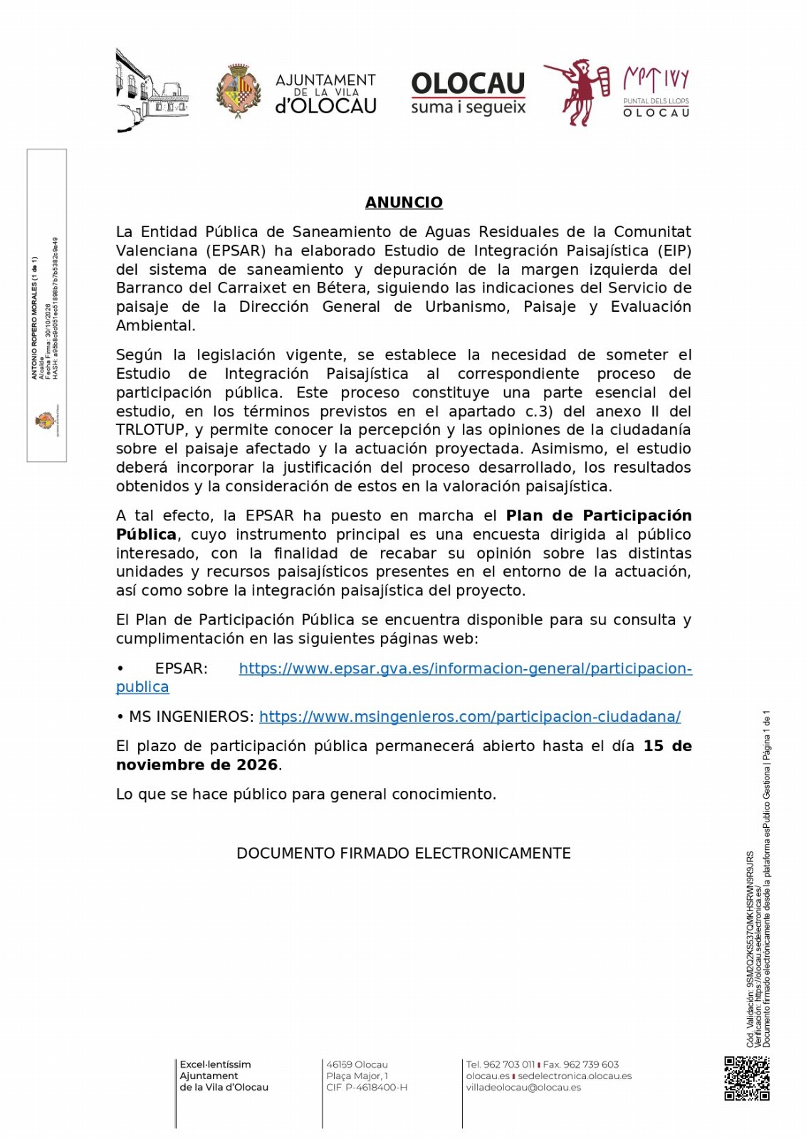 Enquesta participació pública sobre Estudi d'Integració Paisatgística sistema sanejament i depuració en marge esquerre Barranc Carraixet